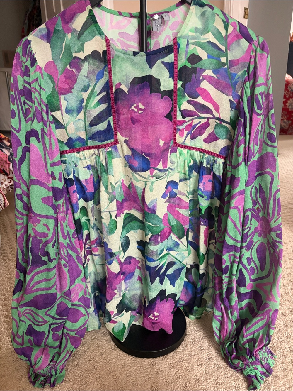 Boho Floral Peasant Blouse in Purple & Mint